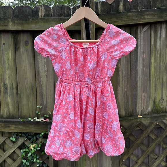 Crewcuts Other - Crewcuts Girls Floral Print Dress Bubble Hem Short Sleeve Coral Pink Cotton Sz 6